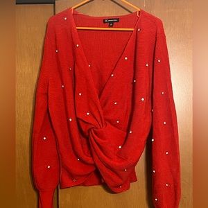 Inc rhinestone twist front sweater red